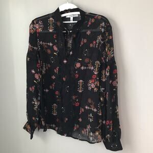 Derek Lam 10 Crosby black silk blouse Aztec floral print 4 long sleeve v neck